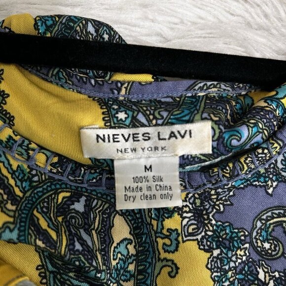 Nieves Lavi Vintage New York Yellow Blue 100% Silk Paisley Top Blouse Size M - Picture 10 of 11
